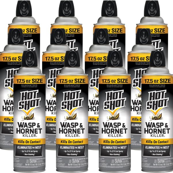 Hot Shot Wasp & Hornet Killer Spray (12 Pack), Eliminates The Nest, Sprays Up Tp 27 Feet, 17.5 fl Ounce