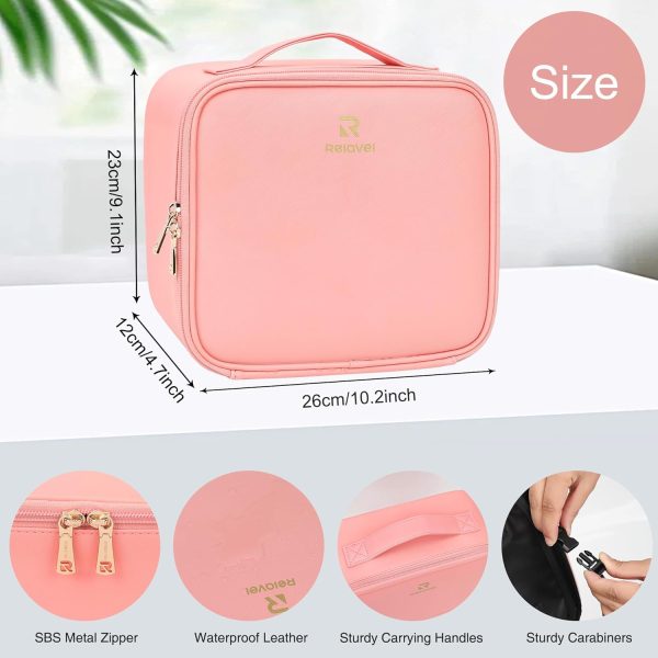 Relavel Travel Makeup Bag With LED Mirror Portable Travel Makeup Organizer 3 Color Adjustable Brightness Waterproof Cosmetic Train Case with Removable Dividers Makeup Storage for Women, Pink